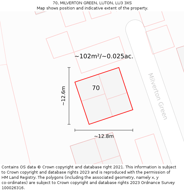 70, MILVERTON GREEN, LUTON, LU3 3XS: Plot and title map