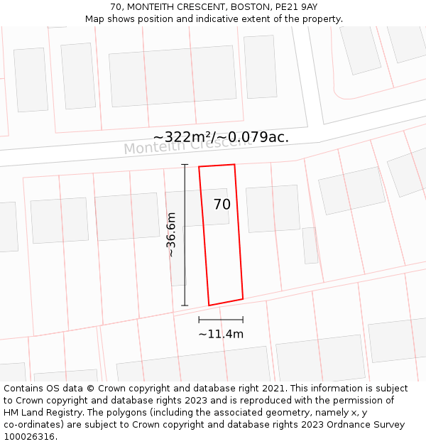 70, MONTEITH CRESCENT, BOSTON, PE21 9AY: Plot and title map