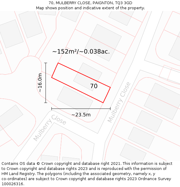 70, MULBERRY CLOSE, PAIGNTON, TQ3 3GD: Plot and title map