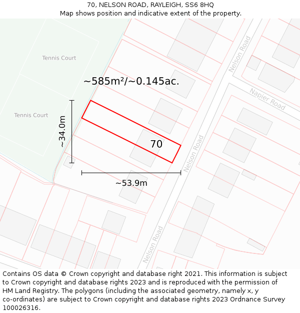 70, NELSON ROAD, RAYLEIGH, SS6 8HQ: Plot and title map