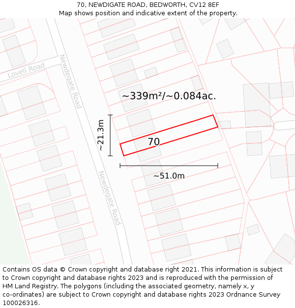 70, NEWDIGATE ROAD, BEDWORTH, CV12 8EF: Plot and title map