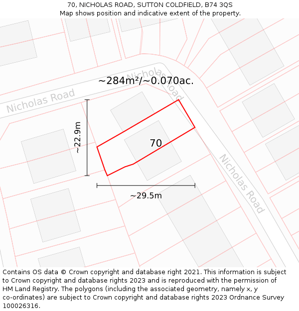 70, NICHOLAS ROAD, SUTTON COLDFIELD, B74 3QS: Plot and title map