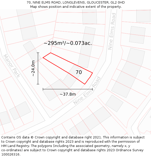 70, NINE ELMS ROAD, LONGLEVENS, GLOUCESTER, GL2 0HD: Plot and title map
