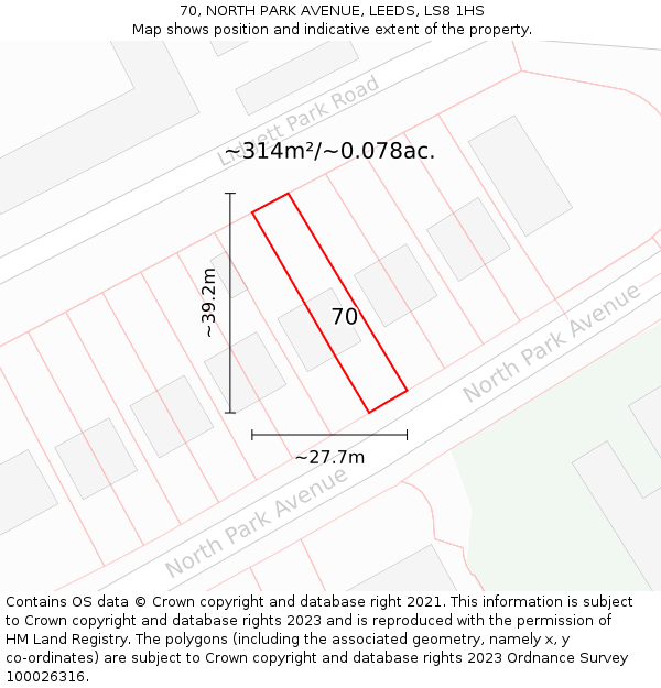 70, NORTH PARK AVENUE, LEEDS, LS8 1HS: Plot and title map