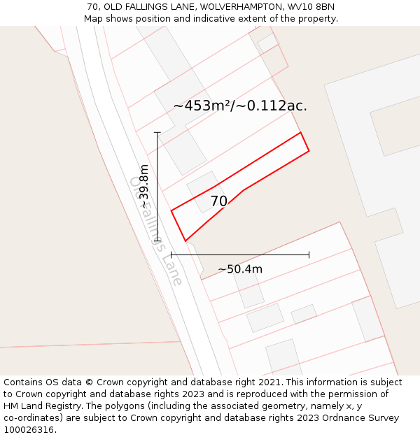 70, OLD FALLINGS LANE, WOLVERHAMPTON, WV10 8BN: Plot and title map