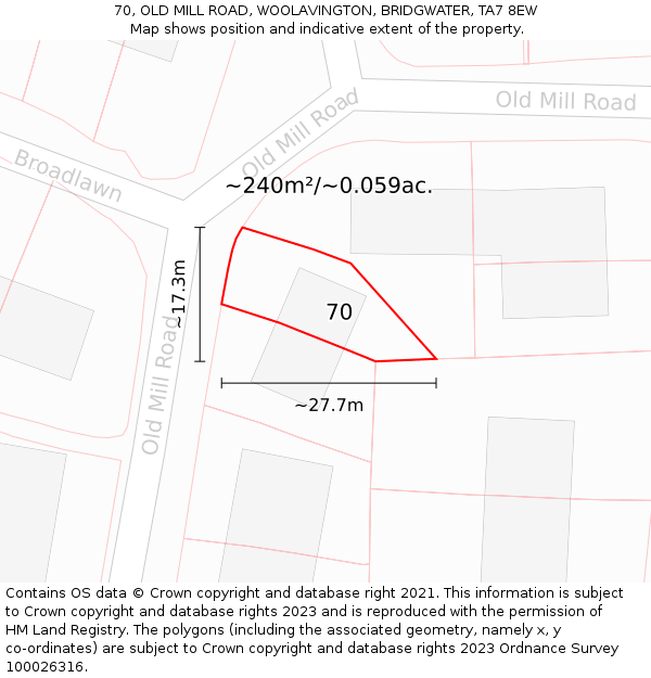 70, OLD MILL ROAD, WOOLAVINGTON, BRIDGWATER, TA7 8EW: Plot and title map