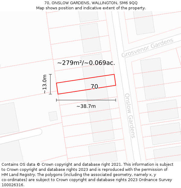 70, ONSLOW GARDENS, WALLINGTON, SM6 9QQ: Plot and title map