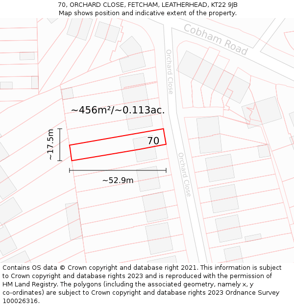 70, ORCHARD CLOSE, FETCHAM, LEATHERHEAD, KT22 9JB: Plot and title map