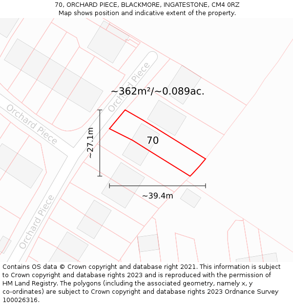 70, ORCHARD PIECE, BLACKMORE, INGATESTONE, CM4 0RZ: Plot and title map