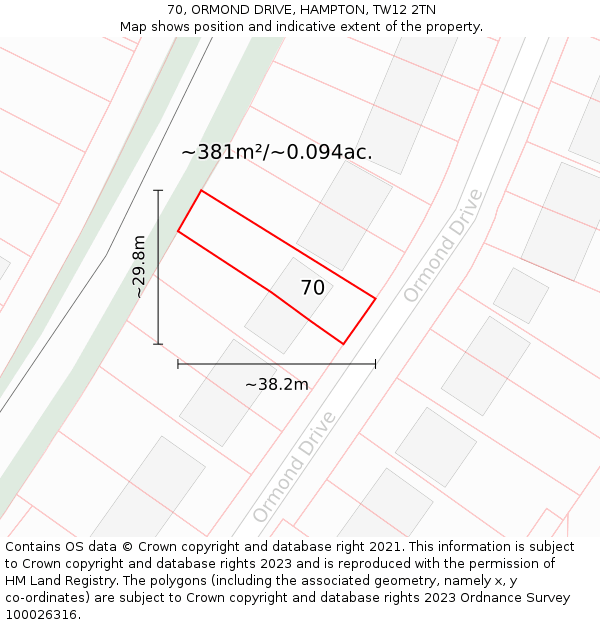 70, ORMOND DRIVE, HAMPTON, TW12 2TN: Plot and title map