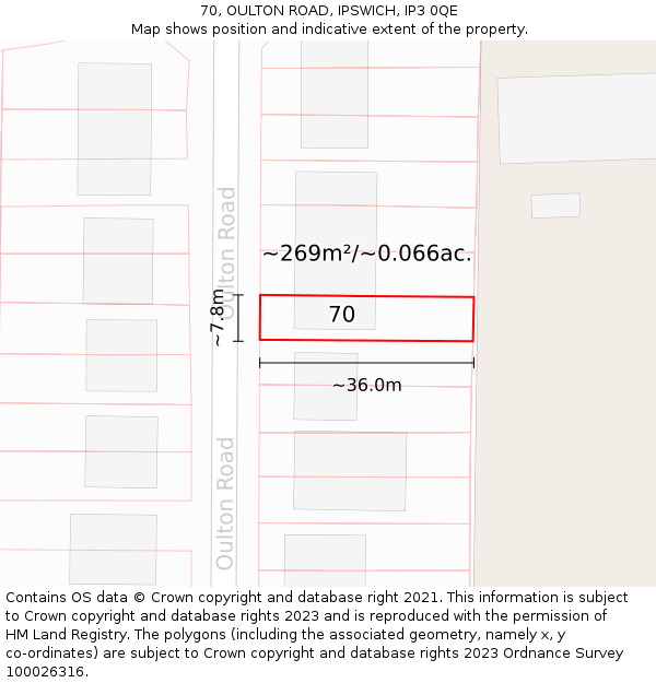 70, OULTON ROAD, IPSWICH, IP3 0QE: Plot and title map