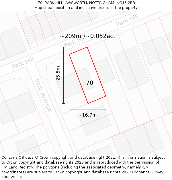 70, PARK HILL, AWSWORTH, NOTTINGHAM, NG16 2RB: Plot and title map
