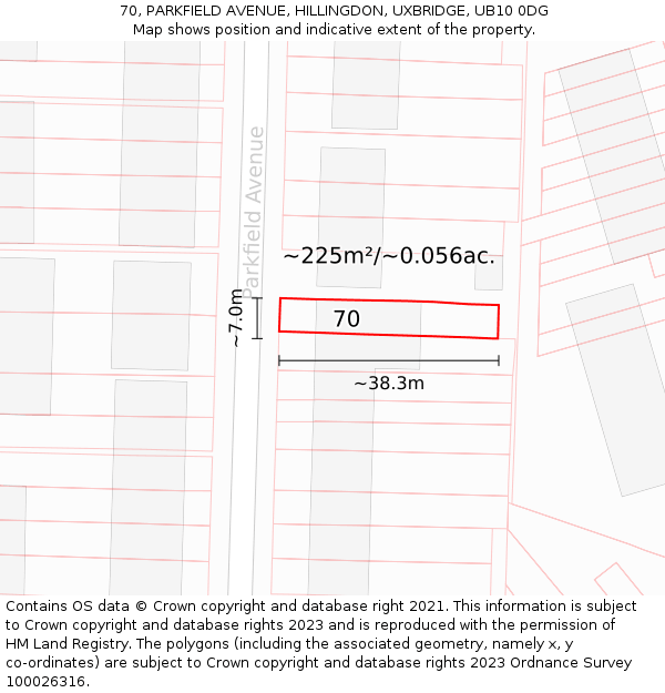 70, PARKFIELD AVENUE, HILLINGDON, UXBRIDGE, UB10 0DG: Plot and title map