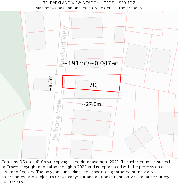 70, PARKLAND VIEW, YEADON, LEEDS, LS19 7DZ: Plot and title map