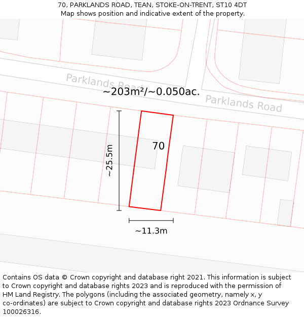 70, PARKLANDS ROAD, TEAN, STOKE-ON-TRENT, ST10 4DT: Plot and title map