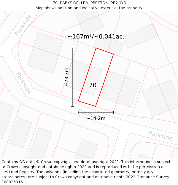 70, PARKSIDE, LEA, PRESTON, PR2 1YS: Plot and title map