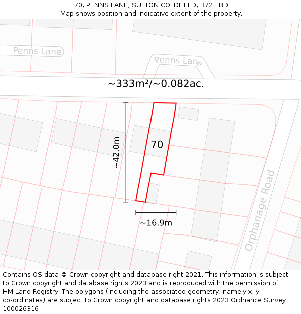 70, PENNS LANE, SUTTON COLDFIELD, B72 1BD: Plot and title map
