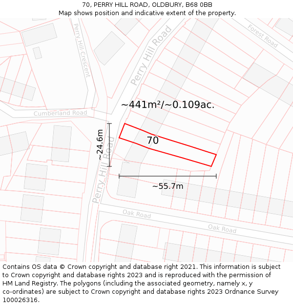 70, PERRY HILL ROAD, OLDBURY, B68 0BB: Plot and title map