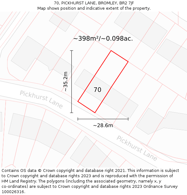 70, PICKHURST LANE, BROMLEY, BR2 7JF: Plot and title map