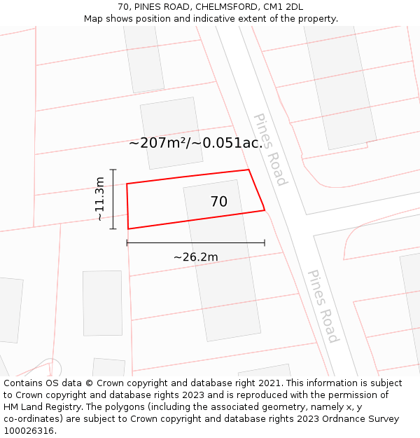 70, PINES ROAD, CHELMSFORD, CM1 2DL: Plot and title map