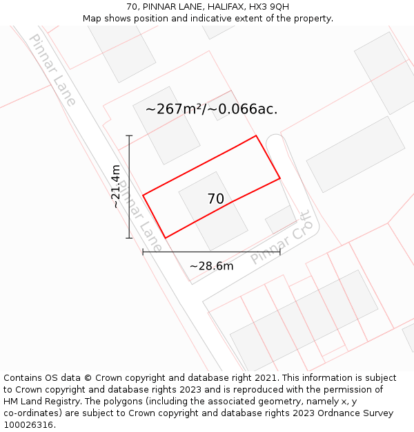 70, PINNAR LANE, HALIFAX, HX3 9QH: Plot and title map