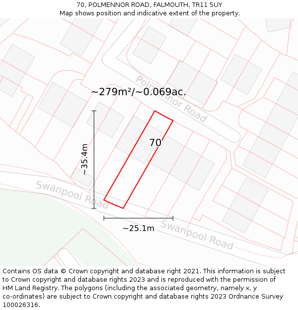 70, POLMENNOR ROAD, FALMOUTH, TR11 5UY: Plot and title map
