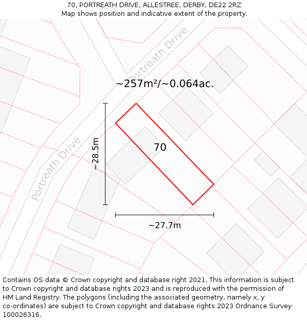 70, PORTREATH DRIVE, ALLESTREE, DERBY, DE22 2RZ: Plot and title map