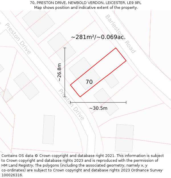 70, PRESTON DRIVE, NEWBOLD VERDON, LEICESTER, LE9 9PL: Plot and title map