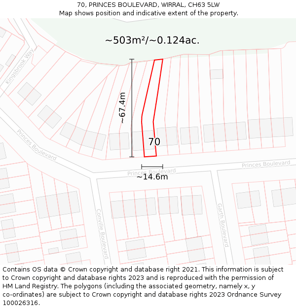 70, PRINCES BOULEVARD, WIRRAL, CH63 5LW: Plot and title map