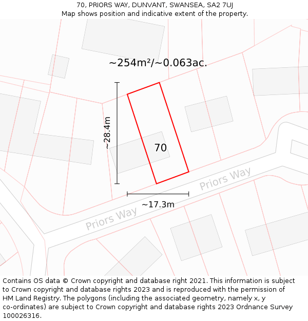 70, PRIORS WAY, DUNVANT, SWANSEA, SA2 7UJ: Plot and title map