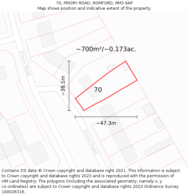 70, PRIORY ROAD, ROMFORD, RM3 9AP: Plot and title map