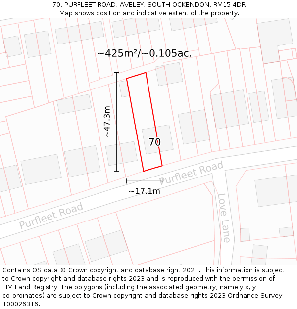 70, PURFLEET ROAD, AVELEY, SOUTH OCKENDON, RM15 4DR: Plot and title map