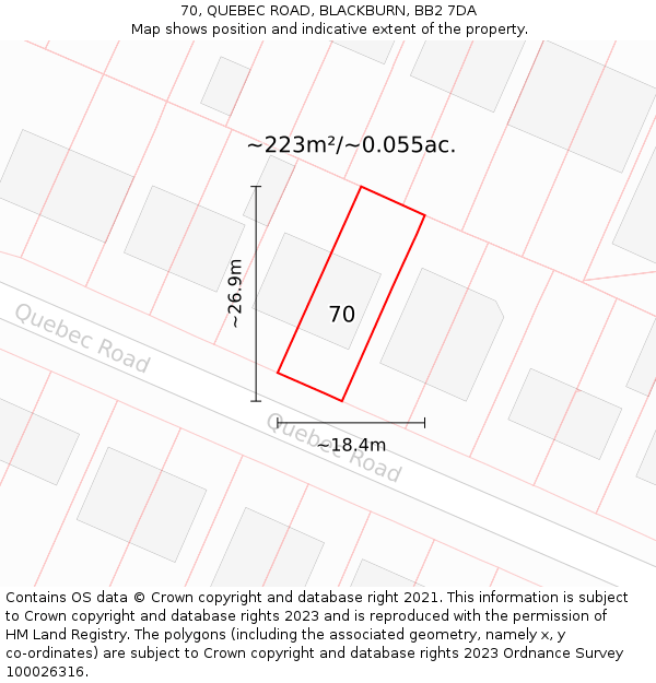 70, QUEBEC ROAD, BLACKBURN, BB2 7DA: Plot and title map