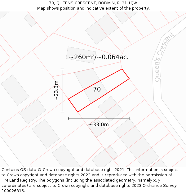 70, QUEENS CRESCENT, BODMIN, PL31 1QW: Plot and title map