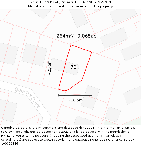 70, QUEENS DRIVE, DODWORTH, BARNSLEY, S75 3LN: Plot and title map
