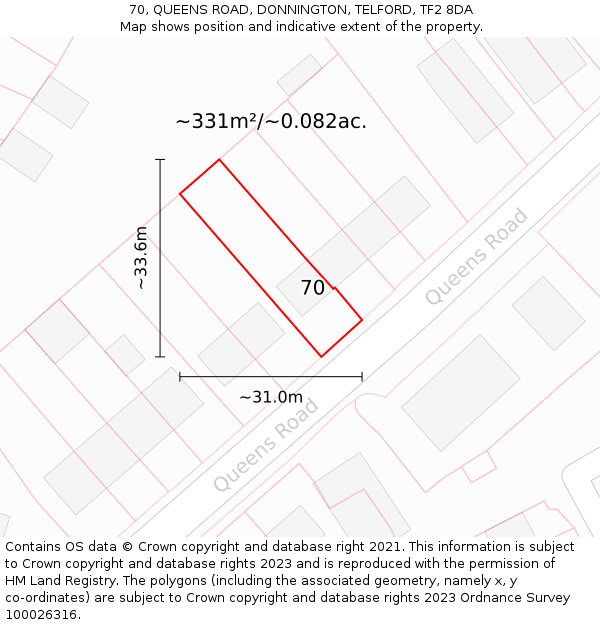 70, QUEENS ROAD, DONNINGTON, TELFORD, TF2 8DA: Plot and title map