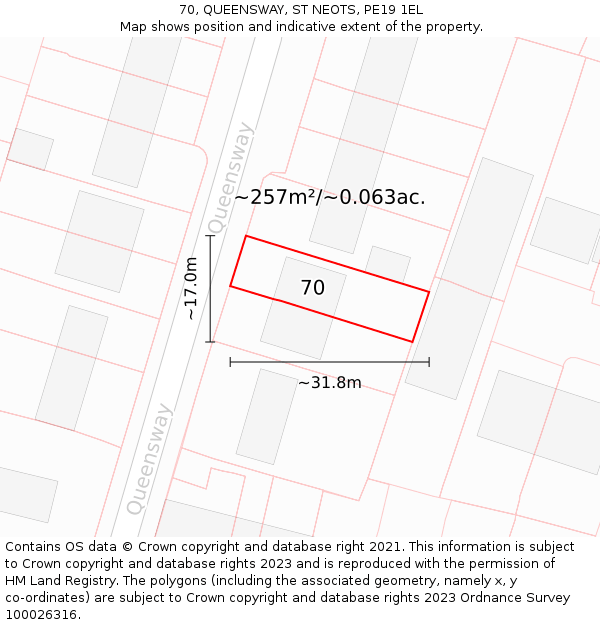 70, QUEENSWAY, ST NEOTS, PE19 1EL: Plot and title map