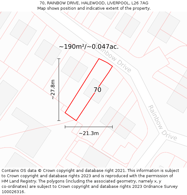 70, RAINBOW DRIVE, HALEWOOD, LIVERPOOL, L26 7AG: Plot and title map