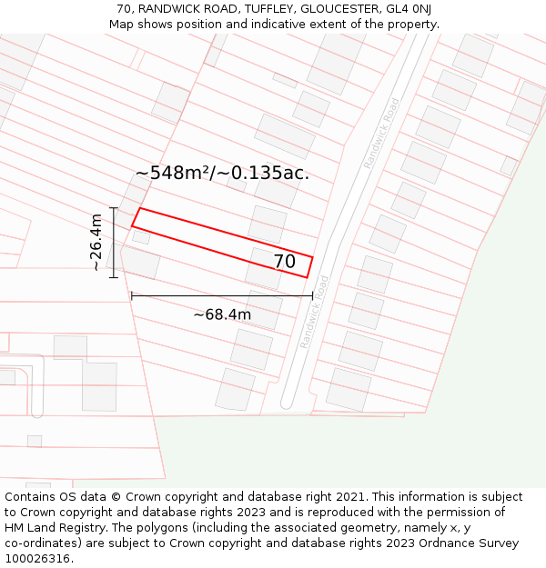 70, RANDWICK ROAD, TUFFLEY, GLOUCESTER, GL4 0NJ: Plot and title map