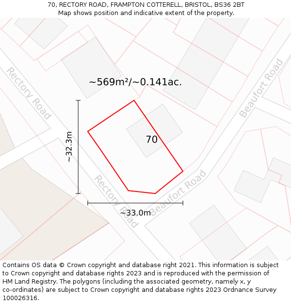 70, RECTORY ROAD, FRAMPTON COTTERELL, BRISTOL, BS36 2BT: Plot and title map