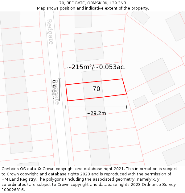70, REDGATE, ORMSKIRK, L39 3NR: Plot and title map