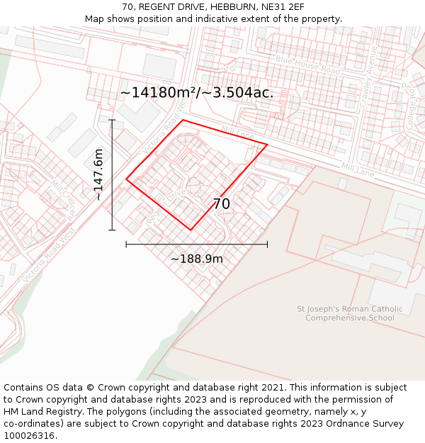 70, REGENT DRIVE, HEBBURN, NE31 2EF: Plot and title map