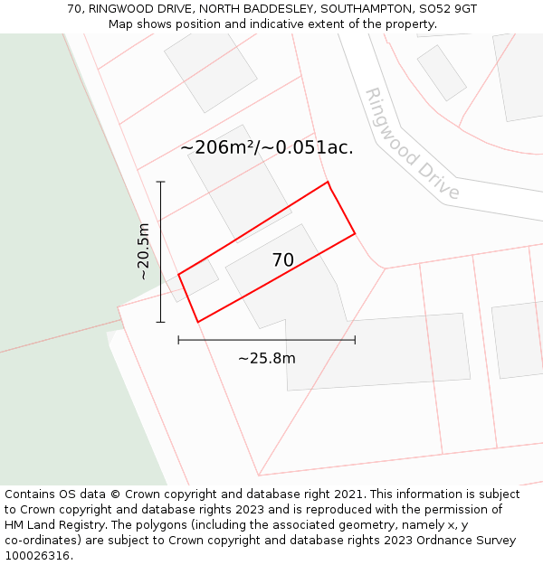 70, RINGWOOD DRIVE, NORTH BADDESLEY, SOUTHAMPTON, SO52 9GT: Plot and title map