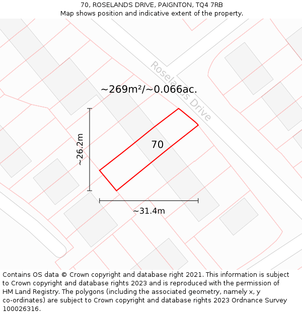 70, ROSELANDS DRIVE, PAIGNTON, TQ4 7RB: Plot and title map