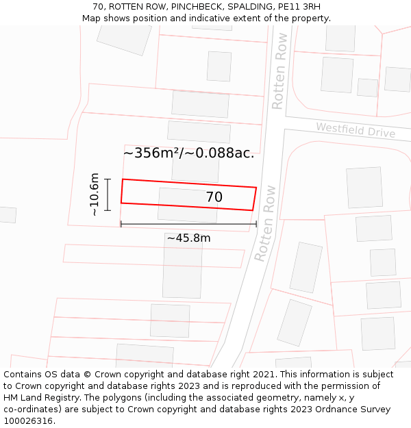 70, ROTTEN ROW, PINCHBECK, SPALDING, PE11 3RH: Plot and title map