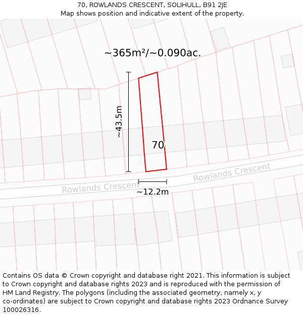 70, ROWLANDS CRESCENT, SOLIHULL, B91 2JE: Plot and title map