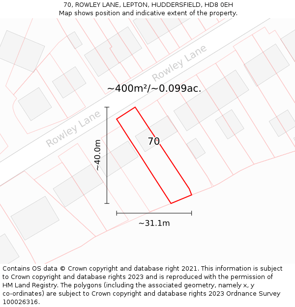 70, ROWLEY LANE, LEPTON, HUDDERSFIELD, HD8 0EH: Plot and title map