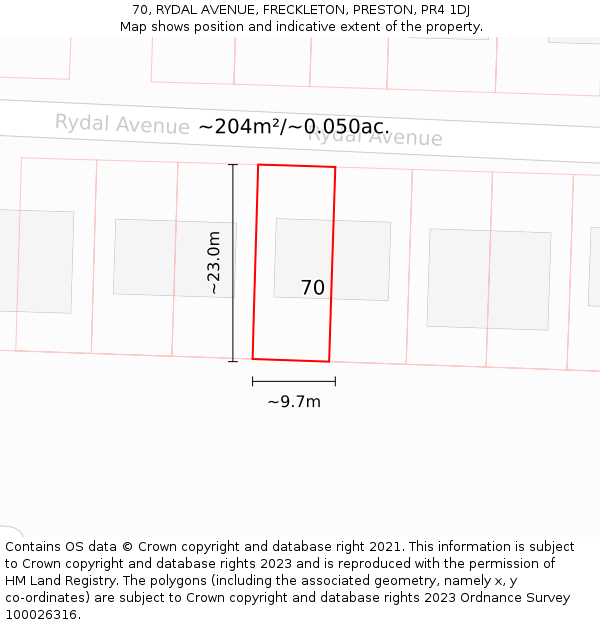 70, RYDAL AVENUE, FRECKLETON, PRESTON, PR4 1DJ: Plot and title map