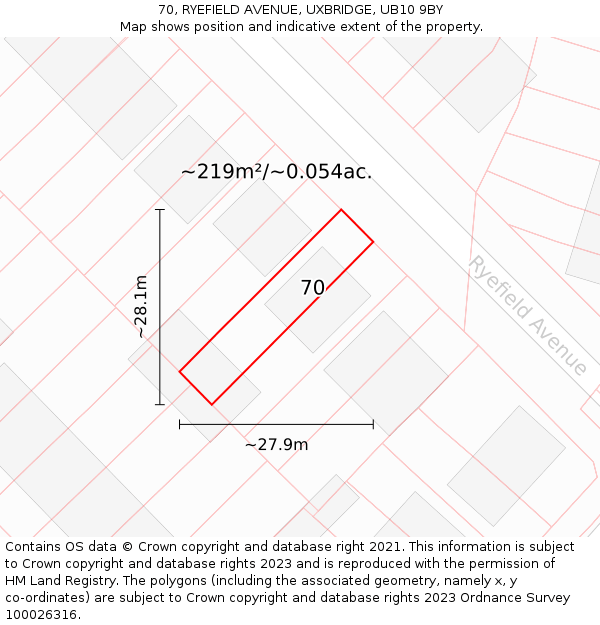 70, RYEFIELD AVENUE, UXBRIDGE, UB10 9BY: Plot and title map