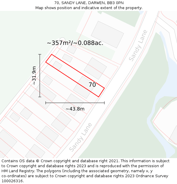 70, SANDY LANE, DARWEN, BB3 0PN: Plot and title map